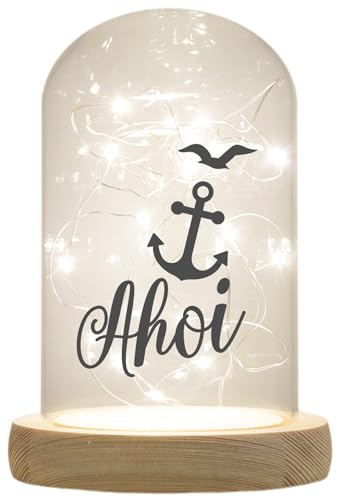 WB wohn trends LED-Glaskuppel, AHOI Anker, 16,5x11cm, Glasglocke mit LED-Licht und Holz-Fuß LED-Laterne LED-Lampe mit Text Spruch von WB wohn trends