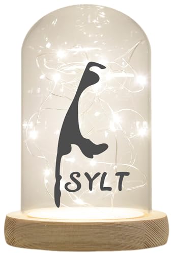 WB wohn trends LED-Glaskuppel, Insel Sylt Silhouette, 16,5x11cm, Glasglocke mit LED-Licht und Holz-Fuß LED-Laterne LED-Lampe mit Text Spruch von WB wohn trends