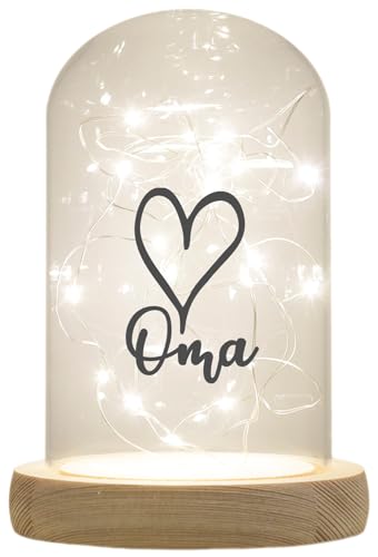 WB wohn trends LED-Glaskuppel, Oma Herz, 16,5x11cm, Glasglocke mit LED-Licht und Holz-Fuß LED-Laterne LED-Lampe mit Text Spruch von WB wohn trends