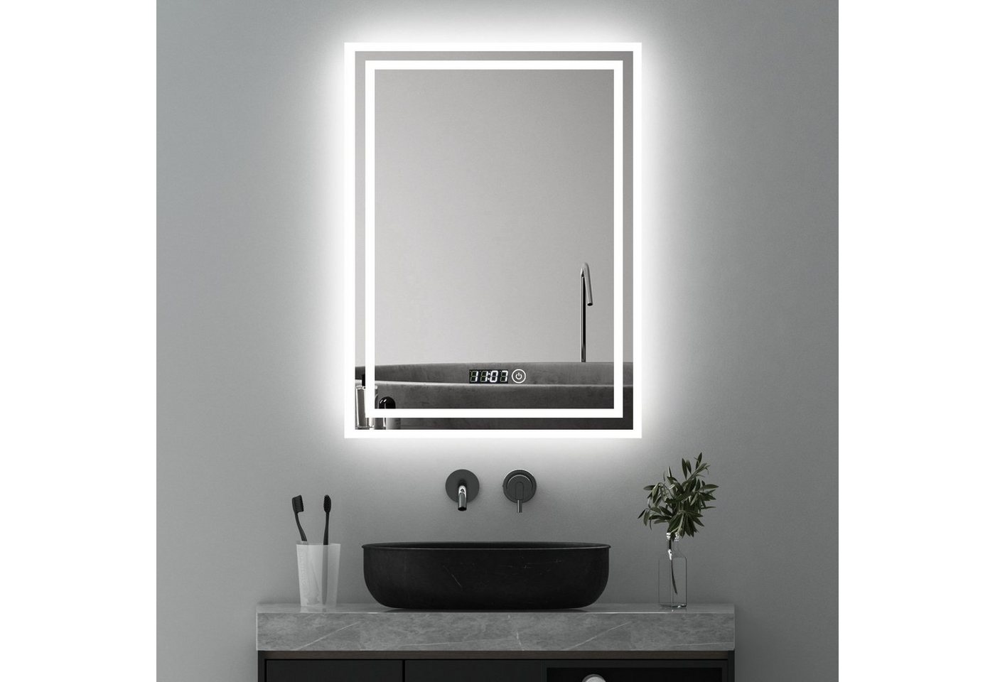 WDWRITTI Badspiegel Led 50x70 80x60 100x60 Touch Uhr dimmbar Spiegel Bad mit beleuchtung (Badezimmerspiegel Wandspiegel, Speicherfunktion, Helligkeit dimmbar, Wandschalter), Warmweiß, Neutralweiß, Kaltweiß, Energiesparend von WDWRITTI