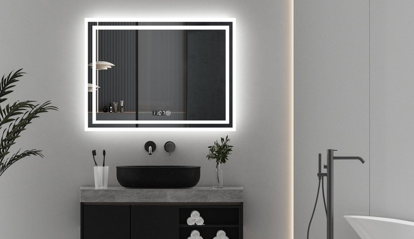 WDWRITTI Spiegel Badspiegel Led 80x60 mit Uhr Wandspiegel mit beleuchtung 3Lichtfarben (LED Spiegel Lichtspiegel, mit Touch, Wandschalter, Dimmbar, Speicherfunktion), Energiesparend, IP44 von WDWRITTI