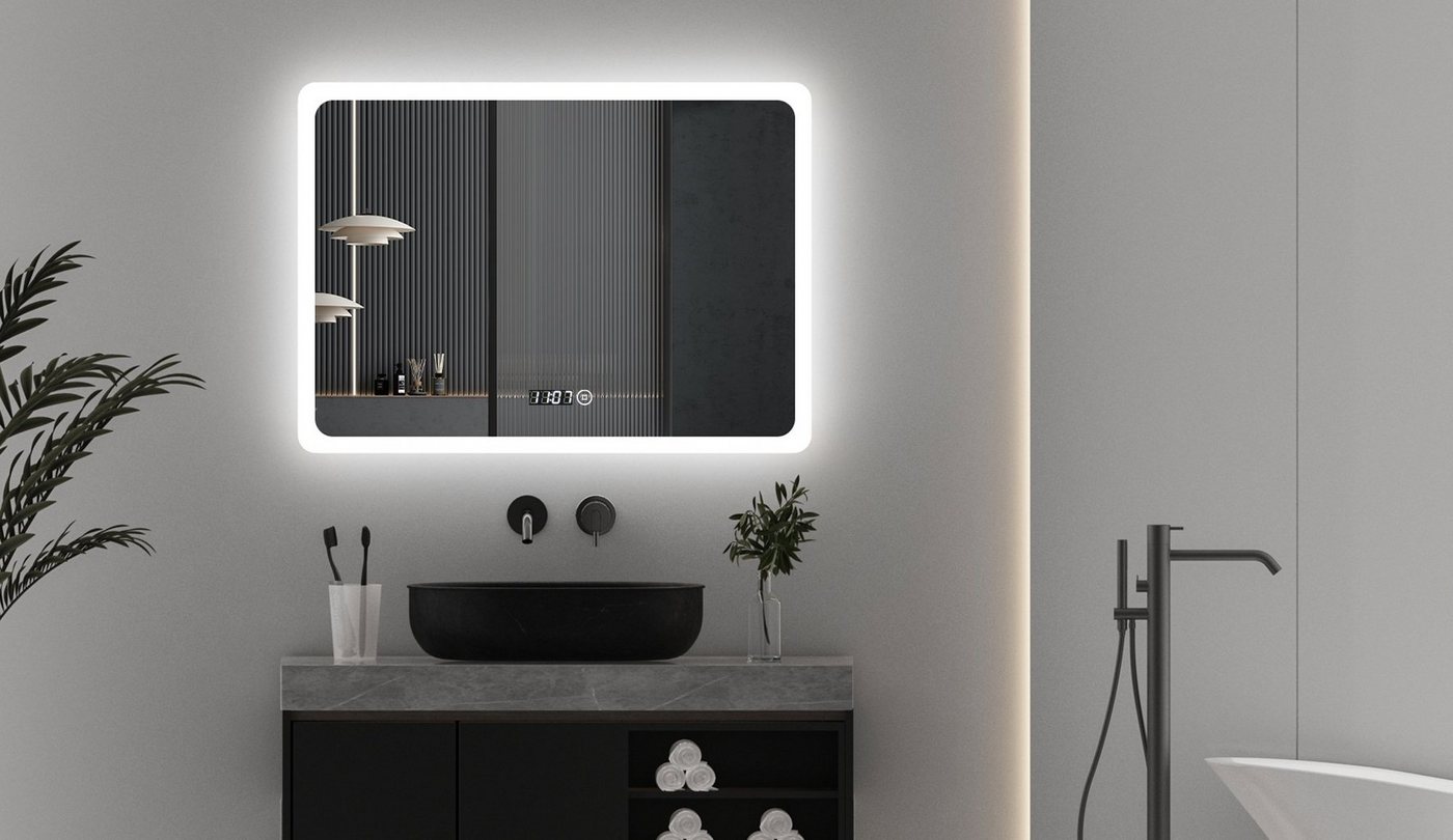WDWRITTI Spiegel LED Badspiegel 80x60 mit Touch Uhr Dimmbar 3Lichtfarben (Kalt/Neutral/Warmweiß, Speicherfunktion, Wandschalter auswählbar), Energiesparend, IP44 von WDWRITTI