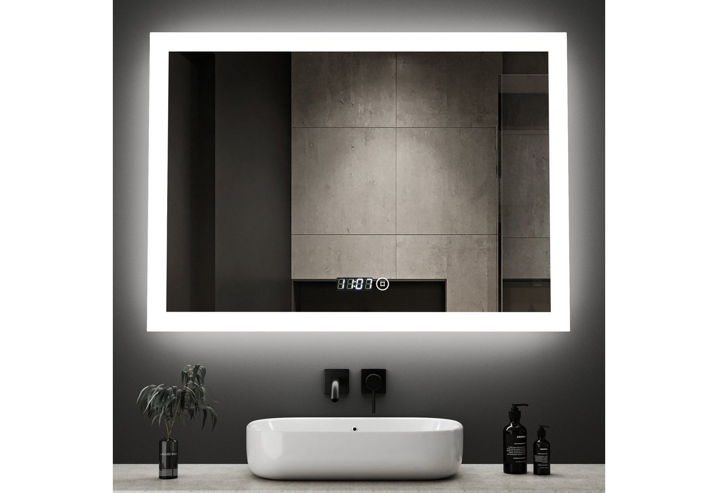 WDWRITTI Spiegel LED Badspiegel Uhr mit touch Beleuchtung 80x60 (Wandspiegel 3000/4000/6500K, 3Lichtfarben, Helligkeit Dimmbar), Speicherfunktion, IP44 von WDWRITTI