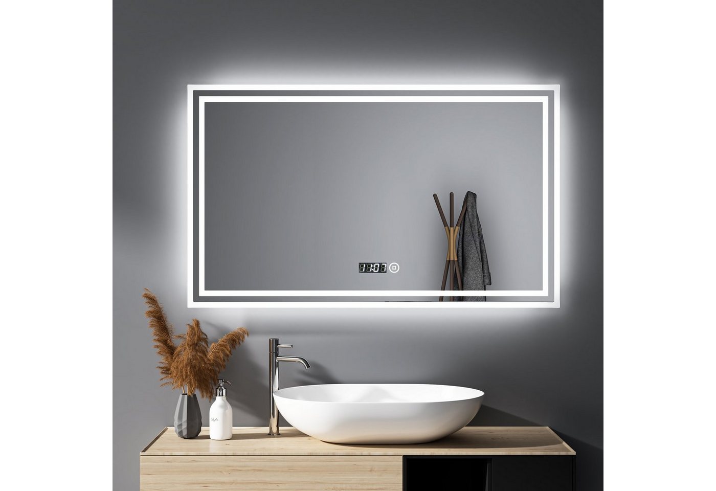 WDWRITTI Spiegel Led Badspiegel 100x60 mit Uhr Touch Dimmbar Kalt/Neutral/Warmweiß (Speicherfunktion, IP44), Wandschalter auswählbar von WDWRITTI