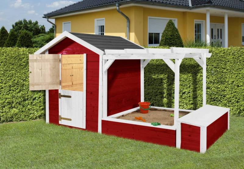 Weka Spielhaus 818 275 x 122 cm rot-weiß mit Sandkasten, Pergola, Truhe von WEKA