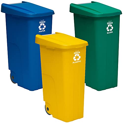 Recycling-Behälter, 110 Liter, geschlossen c/u: 330 Liter insgesamt, in 3 Behältern, in Blau/Grün/Gelb von WELLHOME