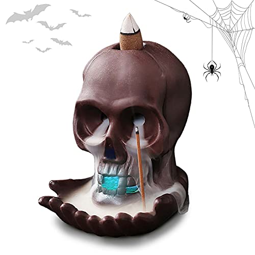 WENDAO Keramik Räuchergefäß mit Wasserfall Räuchergefäß Halloween Totenkopf Reflux Weihrauchbrenner Mit LED-Licht Backflow Buddha Weihrauchbrenner Diffusor mit 20 Räucherkegeln (Multicolor) von WENDAO