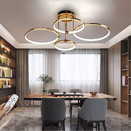 Deckenleuchte LED Lampen Deckenlampen Gold Modern Dimmbar Ring Design Wohnzimmer lampe mit Fernbedienung, Aluminium Led Beleuchtung für Wohnzimmer Schlafzimmer Küche Esszimmer Büro 4 Ring,84W,75cm von WERSVG