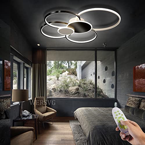 WERSVG L80cm Modern LED Deckenleuchte Wohnzimmer Deckenlampe Schwarz 6-Ring Deckenleuchte 70W 5600LM Dimmbar 3500K- 6500K Mit Fernbedienung flurlampe decke, für Wohnzimmer Schlafzimmer Küche Esszimmer von WERSVG