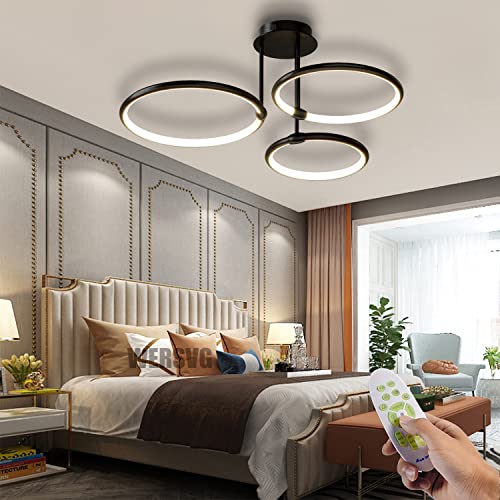 WERSVG Dimmbare Schwarz 3-Lampe Deckenlampe LED Deckenleuchte Modern Wohnzimmerlampe Deckenleuchte 60W 4800LM Flurlampe Decke für Wohnzimmer Schlafzimmer Arbeitszimmer Esszimmer 3-Ring von WERSVG