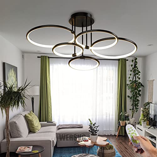 WERSVG Dimmbare Schwarz 5-Lampe Deckenlampe LED Deckenleuchte Modern Wohnzimmerlampe Deckenleuchte 108W 8650LM Flurlampe Decke für Wohnzimmer Schlafzimmer Arbeitszimmer Esszimmer 5-Ring von WERSVG