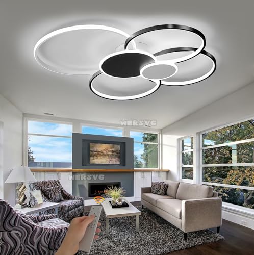 WERSVG LED Deckenleuchte Schwarz L100cm 93W Dimmbar Deckenlampe 6-Ring Design Wohnzimmer lampe Modern mit Fernbedienung Metall Beleuchtung für Wohnzimmer, Schlafzimmer, Küche, Flur, Balkon, Esszimmer von WERSVG