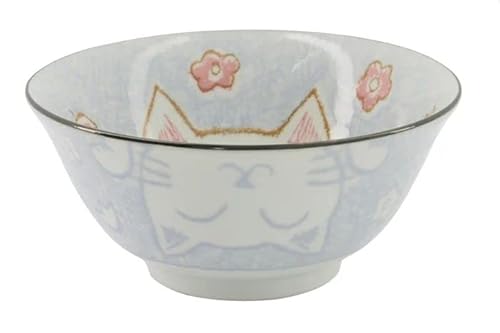 Tokio Japan Design Katzen Schalen Kawaii Cat Tayo Schüssel Black Green Blue & Pink | Nippon Porzellan Ramen Reis Nudel Suppen Dessert Bowl | süße Katzenschälchen (Floral Cat 15x7cm 500ml Blue) von WESTCRAFT