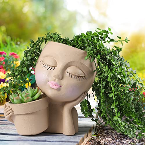 WEWEOW Gesichts-Übertopf – Doppel-Blumentöpfe in einem für Innen- und Außenbereich, Kunstharz-Kopf-Pflanzgefäß mit Drainageloch, niedliches Damengesicht von WEWEOW