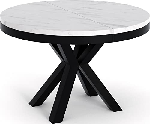 WFL GROUP Runder Ausziehbarer Esstisch Weiß - Tisch im Loft-Stil mit Metallbeinen - Industrieller Tisch für Wohnzimmer - Spacesaver - Weisser Marmor - Schwarz - 100 cm von WFL GROUP