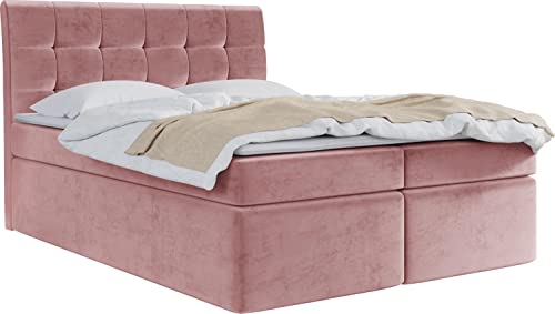 WFL GROUP Boxspringbett mit Bettkasten 120x200 140x200 160x200 180x200 200x200 Doppelbett Gepolstert Bett Mit Matratze und Topper - Stauraumbett mit Kopfteil - Rosa Samt - 140 x 200 cm von WFL GROUP