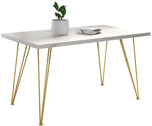 WFL GROUP Rechteckig Ausziehbarer Golden Esstisch - Loft Style Tisch mit Metallbeinen - 160 bis 260 cm - Industrieller Glamour Tisch für Wohnzimmer - Weißer Marmor - 160 cm von WFL GROUP