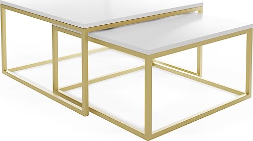 WFL GROUP Rechteckige Quadratische Satztische Couchtische - Gold Gestell - Loft Style Couchtische Metallbeine - 2 in 1 - Zwei Industrielle Getrennte Tische für Wohnzimmer - Weiß von WFL GROUP