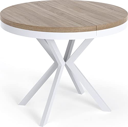 WFL GROUP Runder Ausziehbarer Esstisch - Loft Style Tisch mit Weißen Metallbeinen - 90 bis 170 cm - Industrieller Quadratischer Tisch für Wohnzimmer - Kompakt - 90 cm - Eiche Sonoma von WFL GROUP