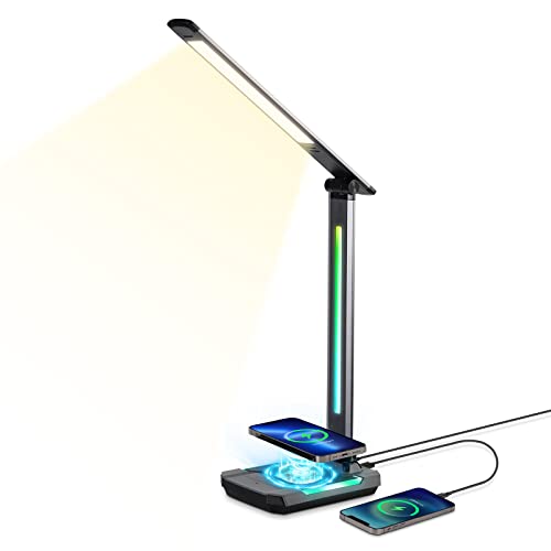 WILIT LED Schreibtischlampe mit Wireless Charging und USB Ladefunktion, RGB Gaming Tischlampe Dimmbar mit 3 Farben und 5 Helligkeits, LED Tischleuchte Farbwechsel Gaming Zubehör Setup von WILIT