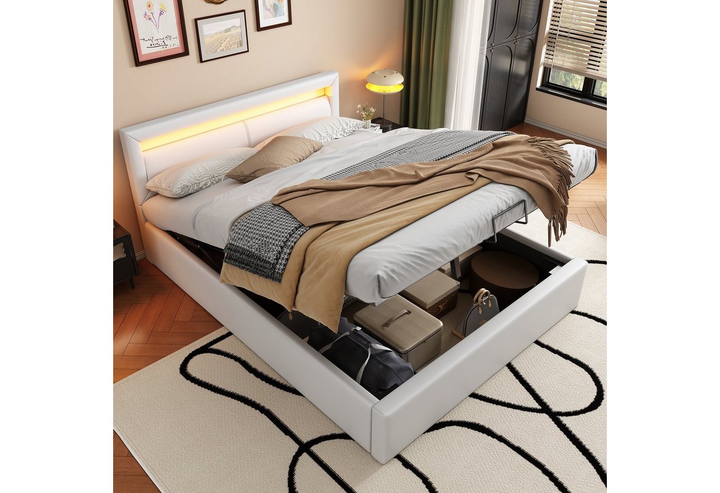 WISHDOR Polsterbett Doppelbett Stauraumbett Bett (140*200cm Weiß mit Lattenrost ohne Matratze), LED-Bett, Kopfteil & Kunstleder, Stabil & pflegeleicht von WISHDOR