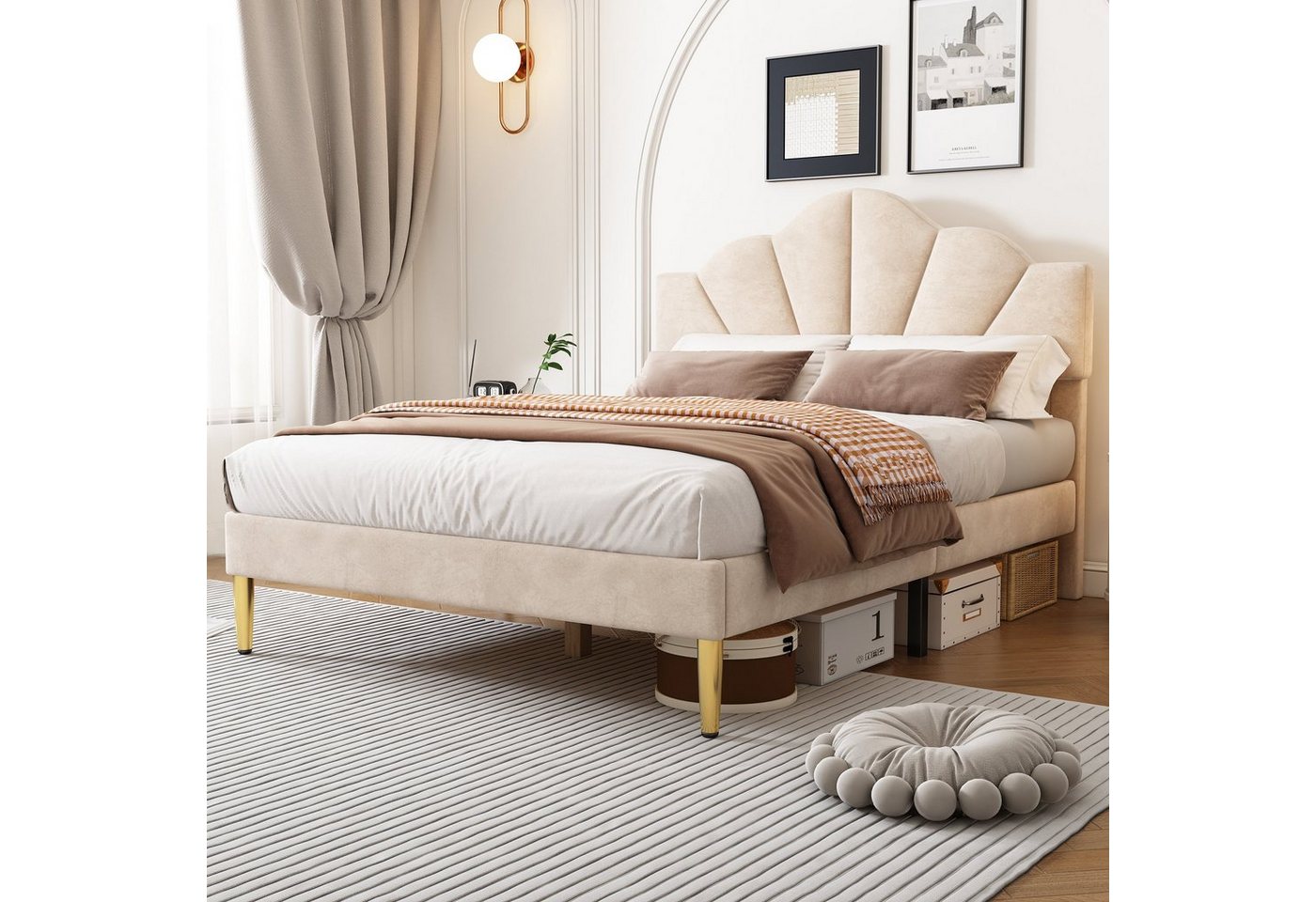 WISHDOR Polsterbett muschelartiges Bett (140 X 200 CM Ohne Matratze), Höhenverstellbares Kopfteil,Bett mit goldenen Eisenbeinen von WISHDOR