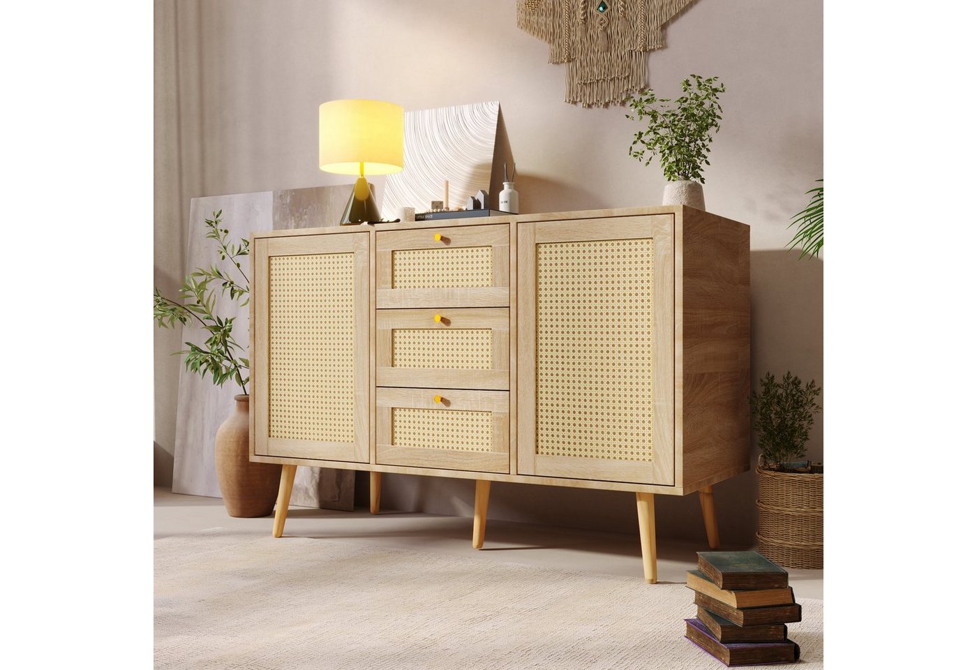 WISHDOR Sideboard Beistellschrank Schubladenschrank, Mit 2 Türen und 3 Schubladen, Rattan Sonoma Eiche, Verstellbare Ablage von WISHDOR