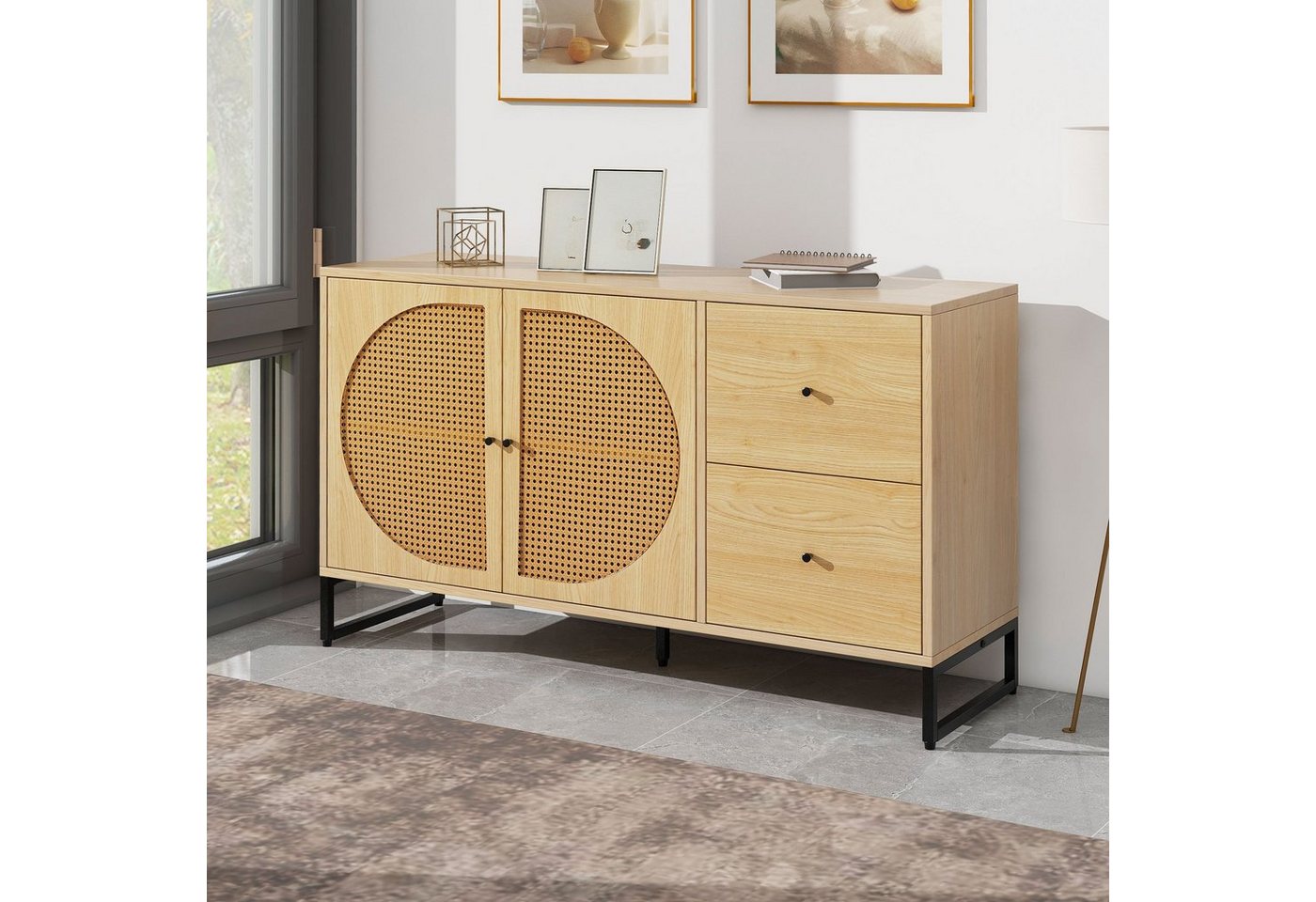 WISHDOR Sideboard Kommode (mit 2 Rattan verzierten Türen und 2 Schubladen Kommode Küchenschrank) von WISHDOR