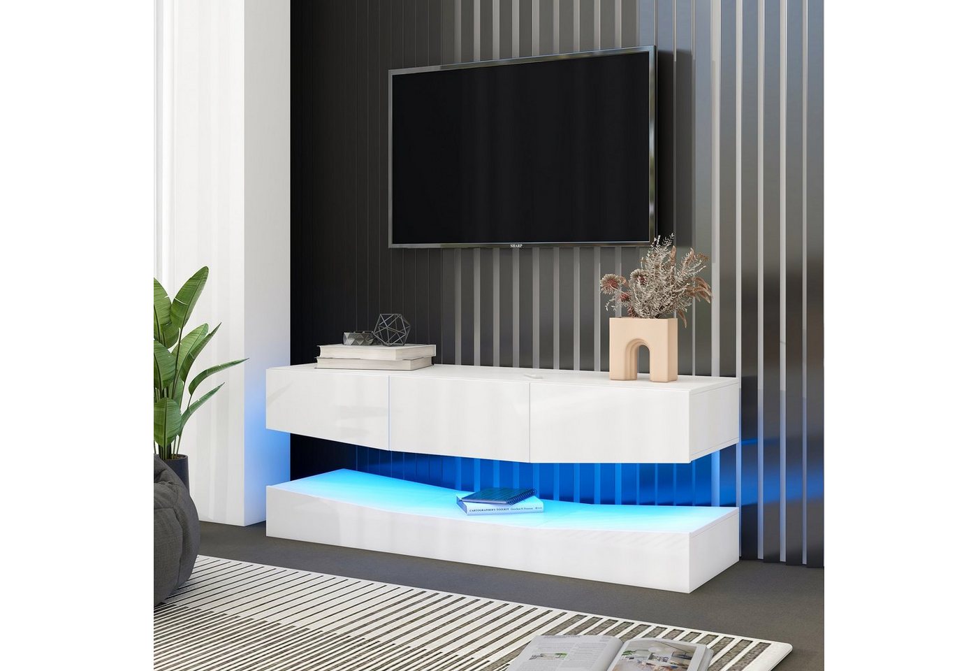 WISHDOR TV-Schrank LED TV Lowboard,Wandmontierter TV-Schrank (mit LED-Beleuchtung TV Schrank Hängend, Wand befestigter schwimmender TV-Ständer Unterhaltung) Medienkonsolen-Center für Wohnzimmer Home von WISHDOR