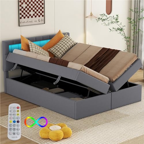 WIZBED Boxspringbett 140x200 mit Bettkasten, L-E-D Kopfteil und Lattenrost Doppelbett Polsterbett mit Stauraum, Stauraumbett Funktionsbett,Grau Ohne Matratze von WIZBED