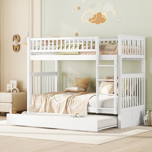 WIZBED Hochbett 90x200 Dreier-Etagenbett für Erwachsene & Kinder, Stockbett DREI Personen mit 3X Lattenrost, Rausfallschutz, Jungenbett Gästebett Ausziehbett von WIZBED