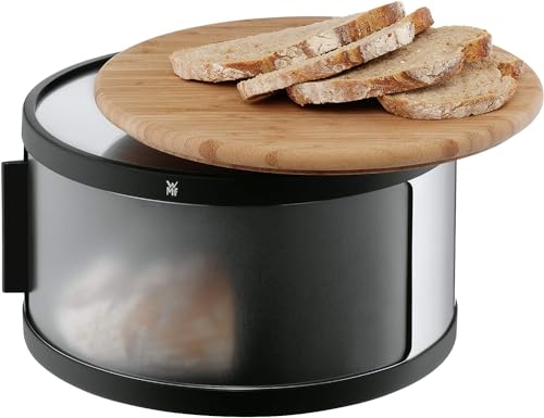 WMF Gourmet Brotkasten rund 32 x 13 cm, Brotbox mit Schneidbrett , Brottrommel, Bambus, Cromargan Edelstahl, Kunststoff, schwarz von WMF