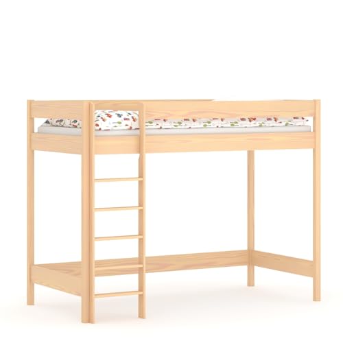 WNM Group Hochbett mit Leiter HUBI - Kinderbett mit Rausfallschutz und Lattenrost - Absturzsicherung Hochbett - Jugendbett aus Massivholz & Holz-Platte - Kinderhochbetten - 180x90x160 - Gekalkte Eiche von WNM Group