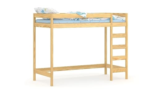 WNM Group Hochbett mit Leiter LUKI - Kinderbett mit Rausfallschutz und Lattenrost - Absturzsicherung Hochbett - Jugendbett - Kinderhochbetten - Gebleichte Eiche - 90 x 200 x 200 cm von WNM Group