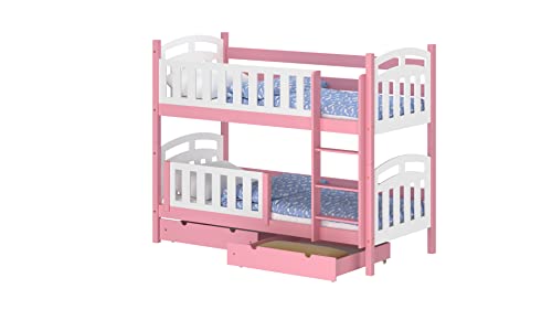 WNM Group Hochbett mit Rausfallschutz und 2 Schubladen Suzie - aus Massivholz - Kinderbett für Mädchen und Jungen - Absturzsicherung Kinderhochbetten 180x90 cm - Rosa von WNM Group