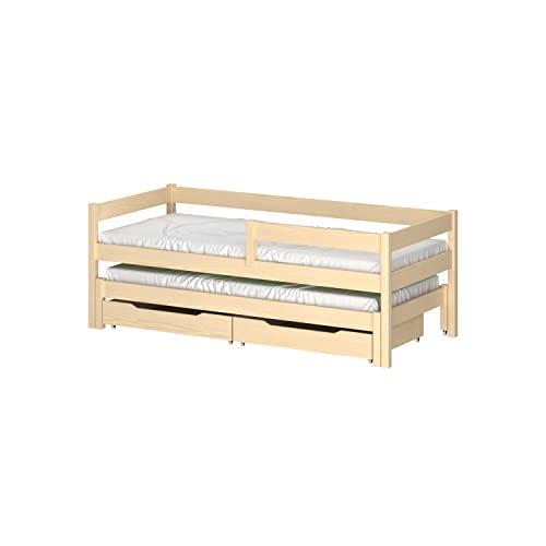 WNM Group Kinderbett JULA mit Rausfallschutz und Lattenrost - Bett mit Schubladen - Jugendbett - Gebleichte Eiche - 200x90/190x80 cm von WNM Group