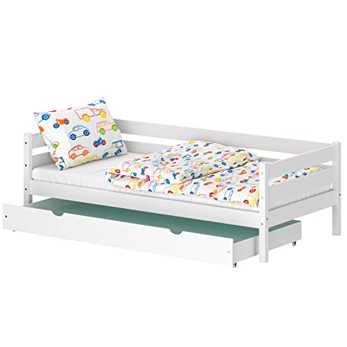 WNM Group Kinderbett für Mädchen und Jungen Kaira - Jugenbett aus Massivholz - Bett mit Schubladen - Funktionsbett 200x90 cm - Weiß von WNM Group