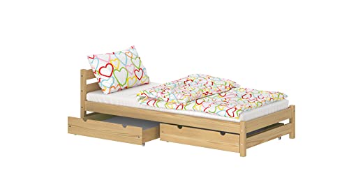 WNM Group Kinderbett für Mädchen und Jungen Nadia - Jugenbett aus Massivholz - Bett mit 2 Schubladen - Funktionsbett 190x80 cm - Natürliche Kiefer von WNM Group