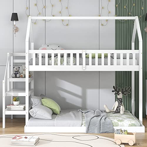 WODSOFTI Etagenbett, Hausbett mit Treppe, Kinderbett mit Fallschutz und Gitter, Rahmen aus Kiefer, weiß (90x200cm) von WODSOFTI