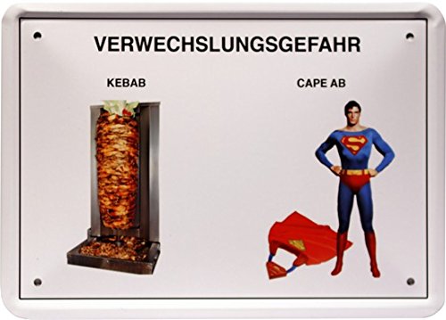 WOGEKA ART Retro Blechschild - Verwechslungsgefahr - Kebab - witziger Spruch als Geschenk-Idee zum Geburtstag Weihnachten zur Dekoration 15x21 cm Vintage-Design aus Metall MJ 210 von WOGEKA ART