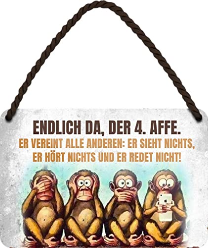 WOGEKA ART Blechschild - Der 4. Affe vereint alle drei in einem - Der HANDY AFFE - Lustiger Spruch als Geschenkidee zu Geburtstag, Weihnachten als Deko Schild 18x12 cm Hängeschild HS318 von WOGEKA ART