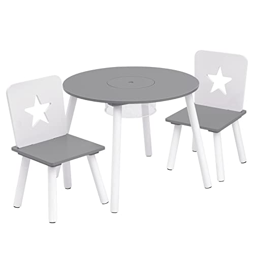 WOLTU Kindertisch und 2 Stühle, runder Kindertisch mit Stauraum, aus Kiefer Massiv Holz, Tisch Set für Kinder, (Grau+Weiß) von WOLTU