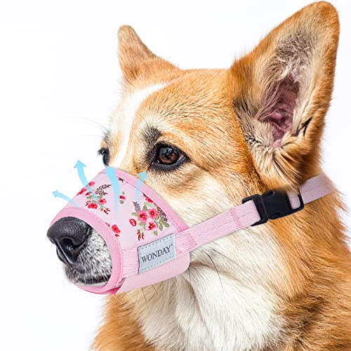 Maulkorb für XL große Hunde, weicher Nylon Druck Maulkorb Anti Beißen Bellen Kauen, Air Mesh Atmungsaktiv Trinkbar Verstellbar Haustier Maulkorb für Mittlere Große Hunde Rosa Blumen XL von WONDAY