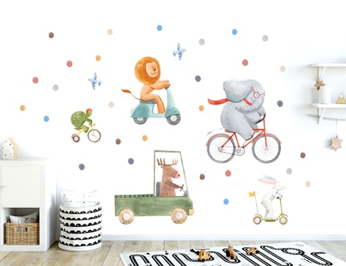 WONDER MURALS Wandtattoo Kinderzimmer Deko Mädchen Junge Wandaufkleber Tiere auf Fahrrad Wandsticker Kinder Wanddeko Babyzimmer Giraffe Affen Elefant (C) von WONDER MURALS