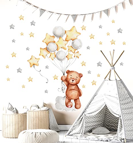 WONDER MURALS Wandtattoo Wandsticker Bär Babyzimmer Kinderzimmer Mädchen Junge Baby Teddybär Wolken Sterne Deko Wanddeko Wandaufkleber Selbst Aufkleben (Gelb, L - 66 x 89 cm (B x H)) von WONDER MURALS