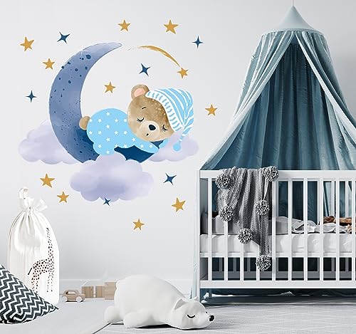 WONDER MURALS Wandtattoo Wandsticker Bär Schlafen auf Mond Babyzimmer Kinderzimmer Mädchen Baby Wolken Sterne Deko Wanddeko Wandaufkleber Selbst Aufkleben (Blau) von WONDER MURALS