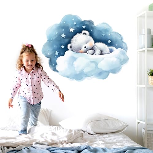 WONDER MURALS Wandtattoo Wandsticker Bär Schlafen auf Wolke Babyzimmer Kinderzimmer Mädchen Baby Wolken Sterne Deko Wanddeko Wandaufkleber Selbst Aufkleben von WONDER MURALS