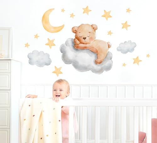 WONDER MURALS Wandtattoo Wandsticker Tiere Babyzimmer Kinderzimmer Mädchen Baby kleiner Fuchs Bär Eule Hase Hirsch schlafen auf Wolke Sterne Mond Deko Wanddeko Wandaufkleber Selbst Aufkleben von WONDER MURALS