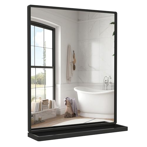 WONSTART Badezimmerspiegel mit Ablage, schwarz, rechteckig, Wandspiegel, Metallrahmen, zum Aufhängen horizontal oder vertikal (61 x 50 cm) von WONSTART