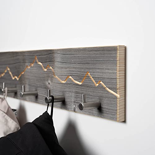 Garderobe aus Altholz mit Berg Motiv | handgefertigt in Bayern | Garderobenleiste Holz | Hakenleiste Wand-Deko Berge (85cm (7 Haken), Edelstahl Haken) von WOODS
